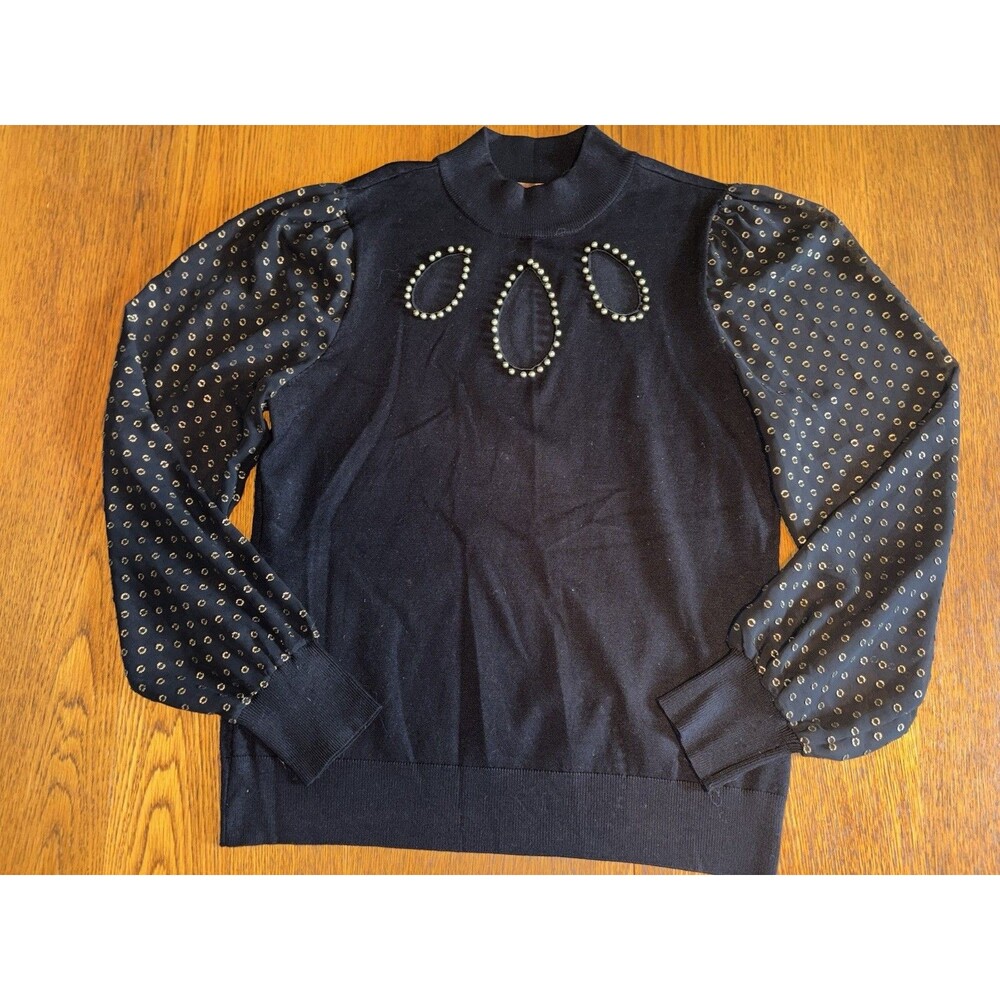 Belldini Black Gold Chiffon Embellished Keyhole Blouse Size Medium